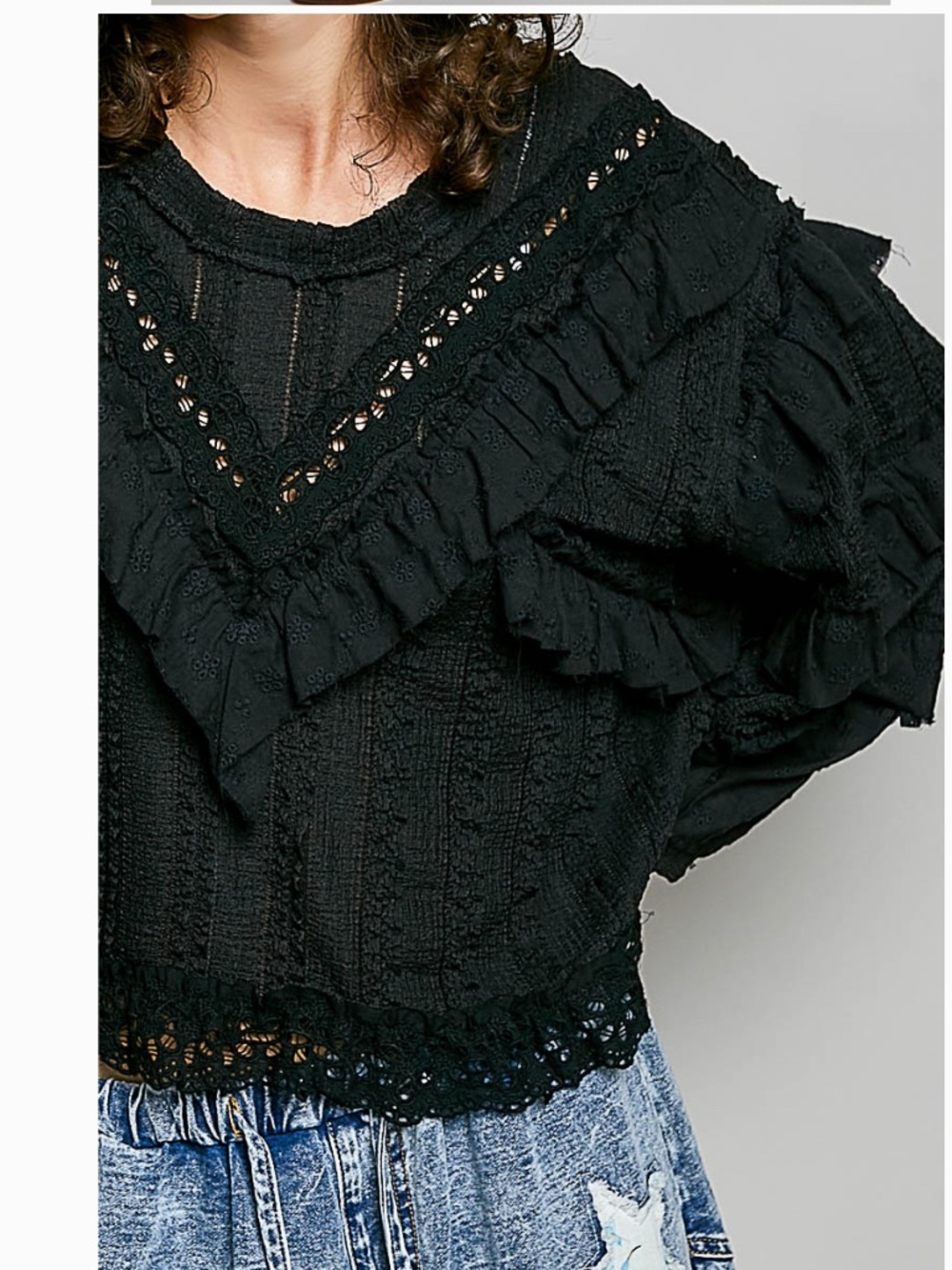 🎉POL “ PRINCETON 2 “ POL Eyelet Ruffle Raw Edge Trim Lace Solid Knit Top 28 - Picture 9 of 9